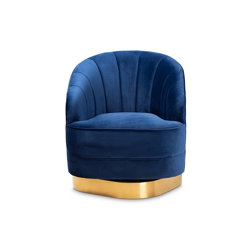 Baxton Studio Fiore Glam and Luxe Royal Blue Velvet Fabric Upholstered Brushed Gold Finished Swivel Accent Chair