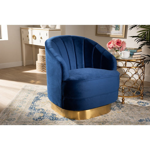Baxton Studio Fiore Glam and Luxe Royal Blue Velvet Fabric Upholstered Brushed Gold Finished Swivel Accent Chair