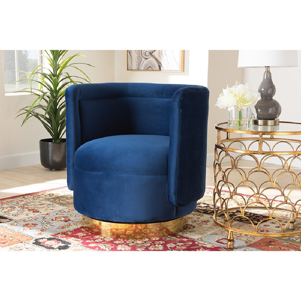Baxton Studio Saffi Glam and Luxe Royal Blue Velvet Fabric Upholstered Gold Finished Swivel Accent Chair