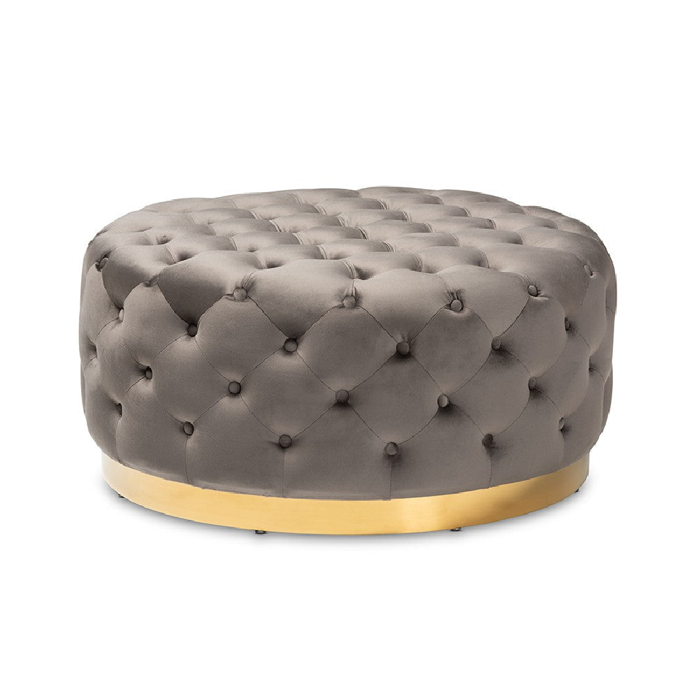 Baxton Studio Sasha Glam and Luxe Grey Velvet Fabric Upholstered Gold Finished Round Cocktail Ottoman WHI-TSF-6689-Grey-Gold-Otto