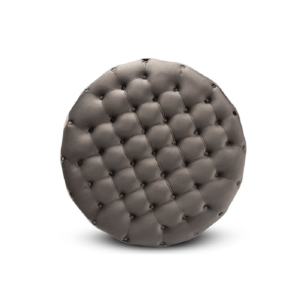 Baxton Studio Sasha Glam and Luxe Grey Velvet Fabric Upholstered Gold Finished Round Cocktail Ottoman WHI-TSF-6689-Grey-Gold-Otto