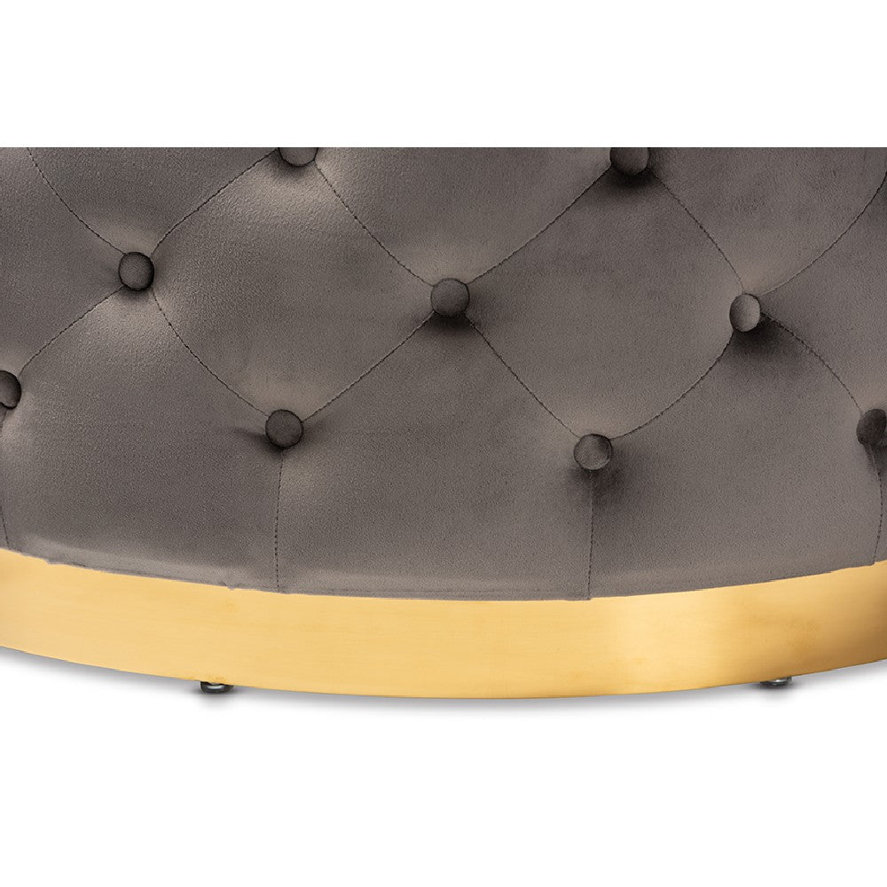 Baxton Studio Sasha Glam and Luxe Grey Velvet Fabric Upholstered Gold Finished Round Cocktail Ottoman WHI-TSF-6689-Grey-Gold-Otto