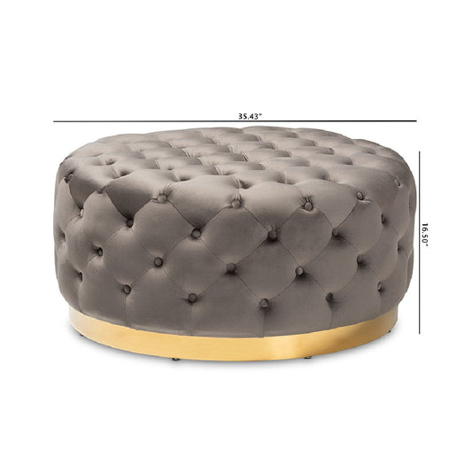 Baxton Studio Sasha Glam and Luxe Grey Velvet Fabric Upholstered Gold Finished Round Cocktail Ottoman