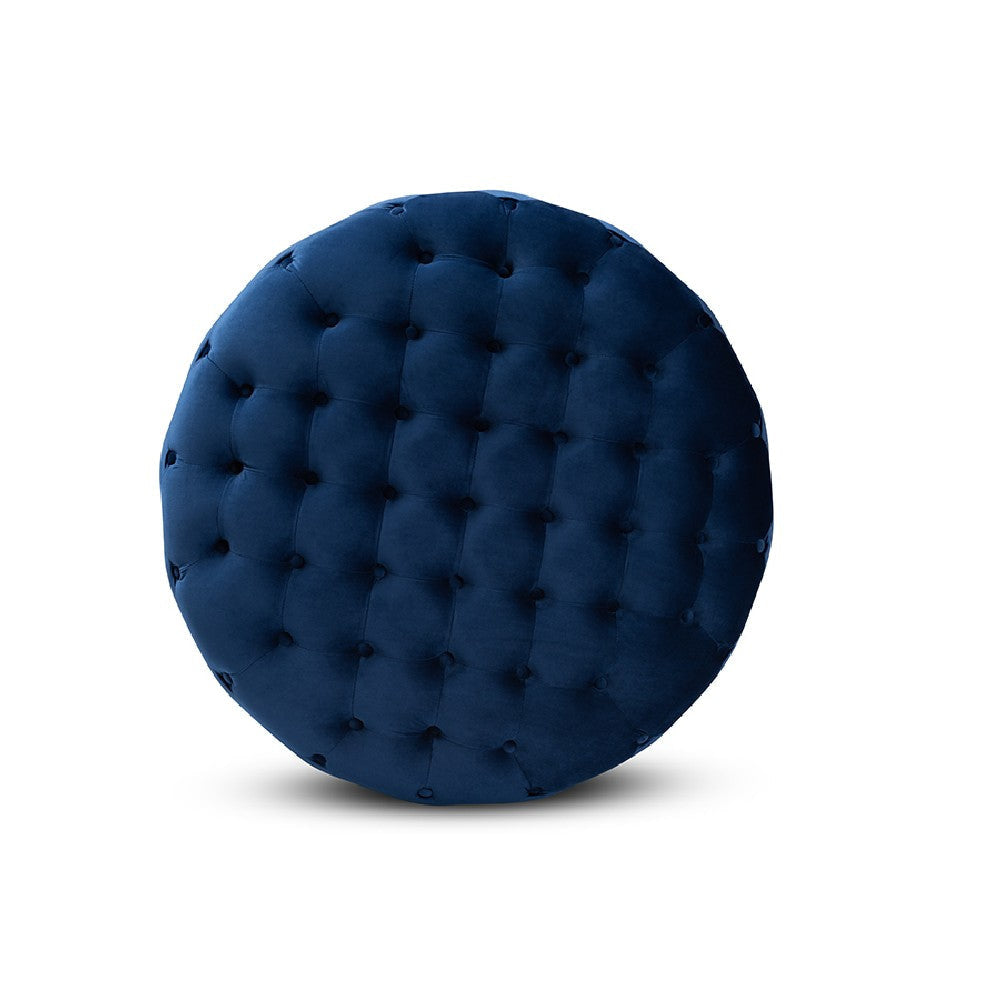 Baxton Studio Sasha Glam and Luxe Royal Blue Velvet Fabric Upholstered Gold Finished Round Cocktail Ottoman