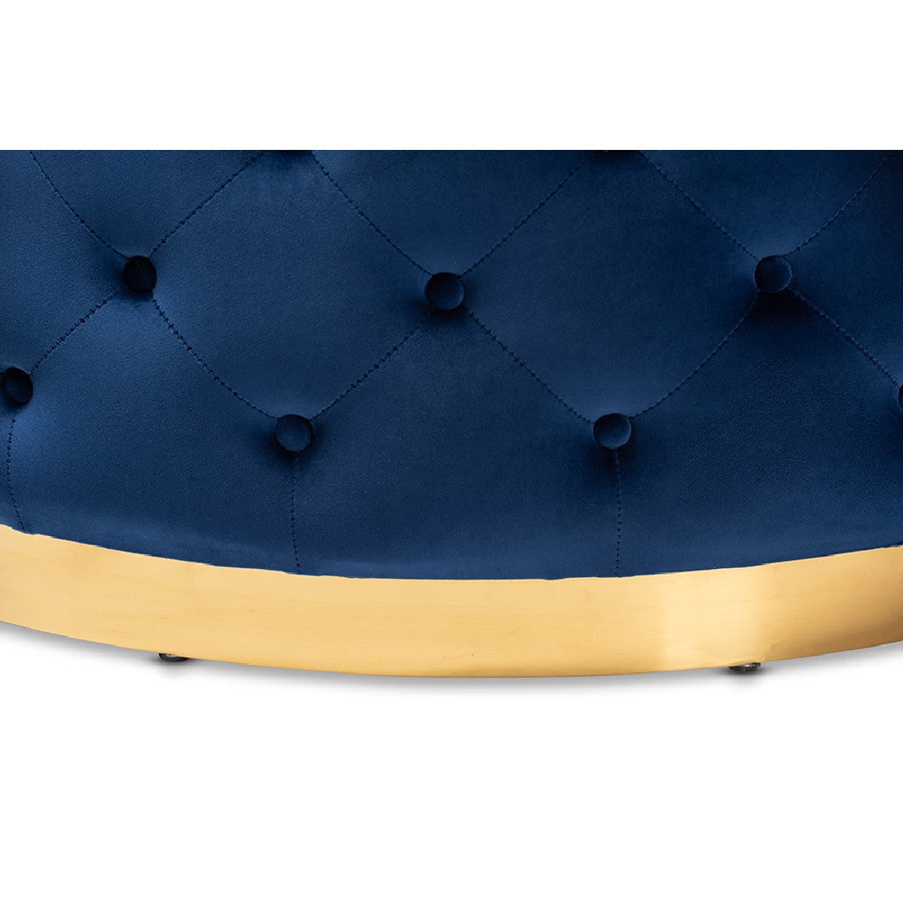 Baxton Studio Sasha Glam and Luxe Royal Blue Velvet Fabric Upholstered Gold Finished Round Cocktail Ottoman