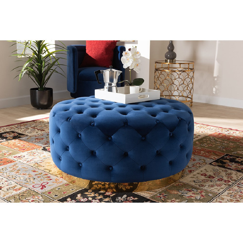Baxton Studio Sasha Glam and Luxe Royal Blue Velvet Fabric Upholstered Gold Finished Round Cocktail Ottoman