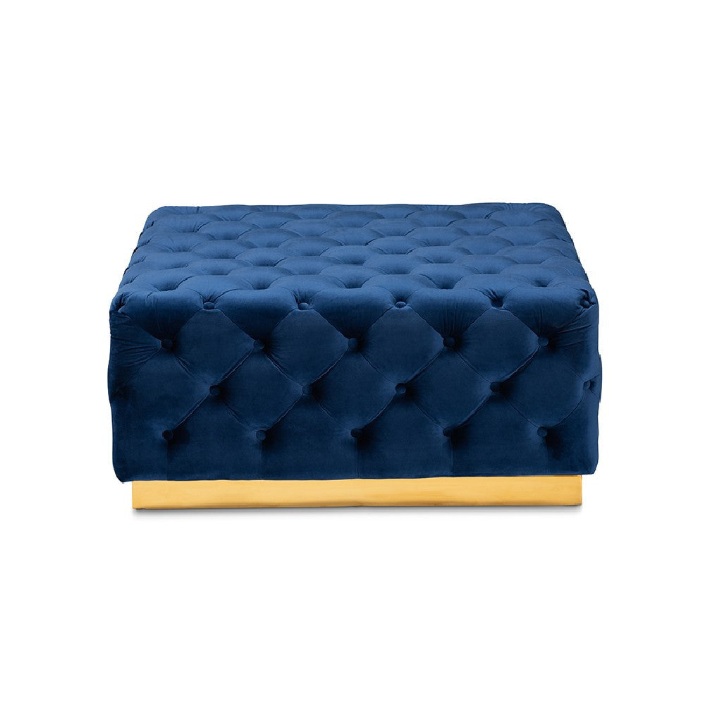Baxton Studio Verene Glam and Luxe Royal Blue Velvet Fabric Upholstered Gold Finished Square Cocktail Ottoman