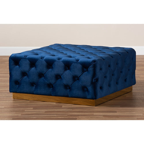 Baxton Studio Verene Glam and Luxe Royal Blue Velvet Fabric Upholstered Gold Finished Square Cocktail Ottoman