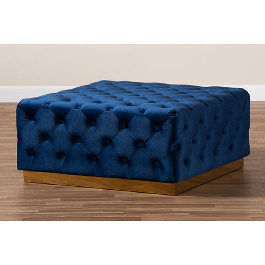 Baxton Studio Verene Glam and Luxe Royal Blue Velvet Fabric Upholstered Gold Finished Square Cocktail Ottoman
