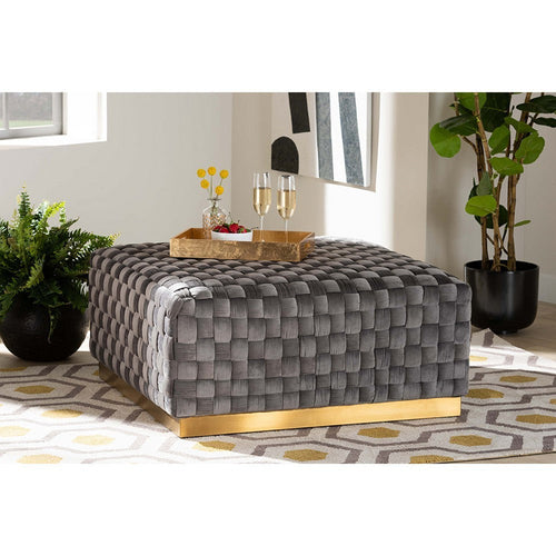 Baxton Studio Noah Luxe and Glam Grey Velvet Fabric Upholstered and Gold Finished Square Cocktail Ottoman