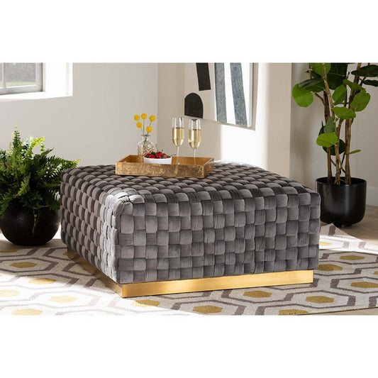 Baxton Studio Noah Luxe and Glam Grey Velvet Fabric Upholstered and Gold Finished Square Cocktail Ottoman
