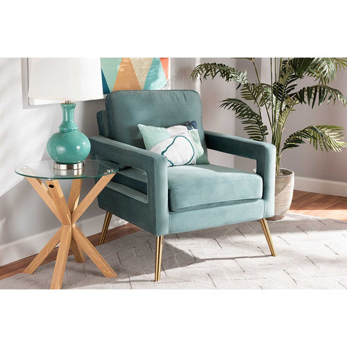 Baxton Studio Leland Glam and Luxe Light Blue Velvet Fabric Upholstered and Gold Finished Armchair