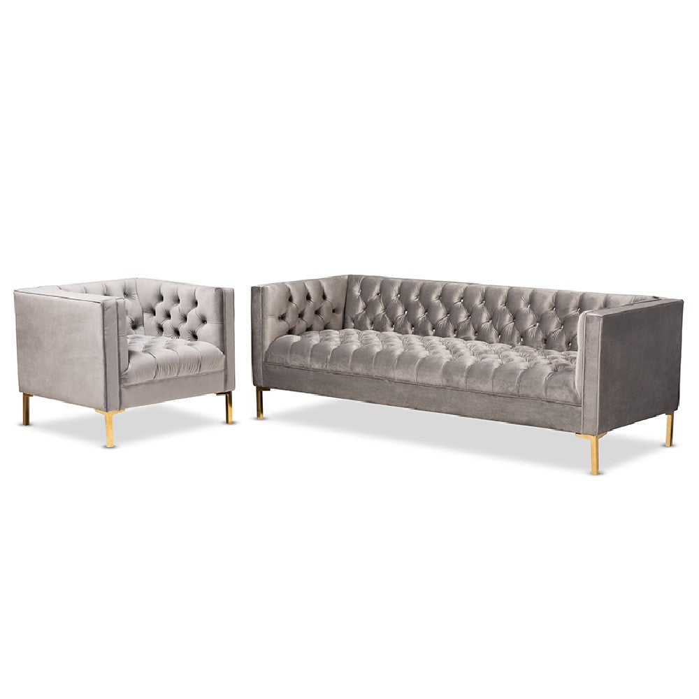 Baxton Studio Zanetta Glam and Luxe Gray Velvet Upholstered Gold Finished 2-Piece Sofa and Lounge Chair Set WHI-TSF-7723-Grey-Gold-2PC-Set