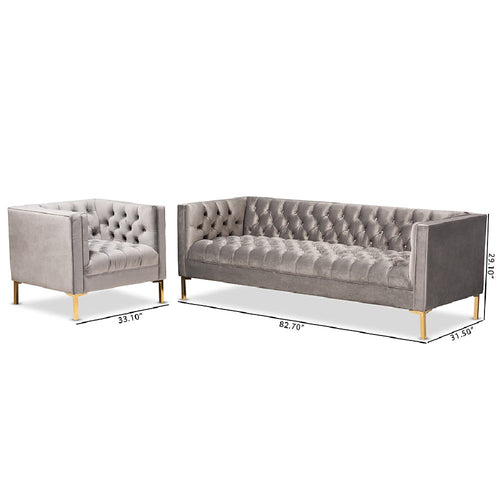 Baxton Studio Zanetta Glam and Luxe Gray Velvet Upholstered Gold Finished 2-Piece Sofa and Lounge Chair Set