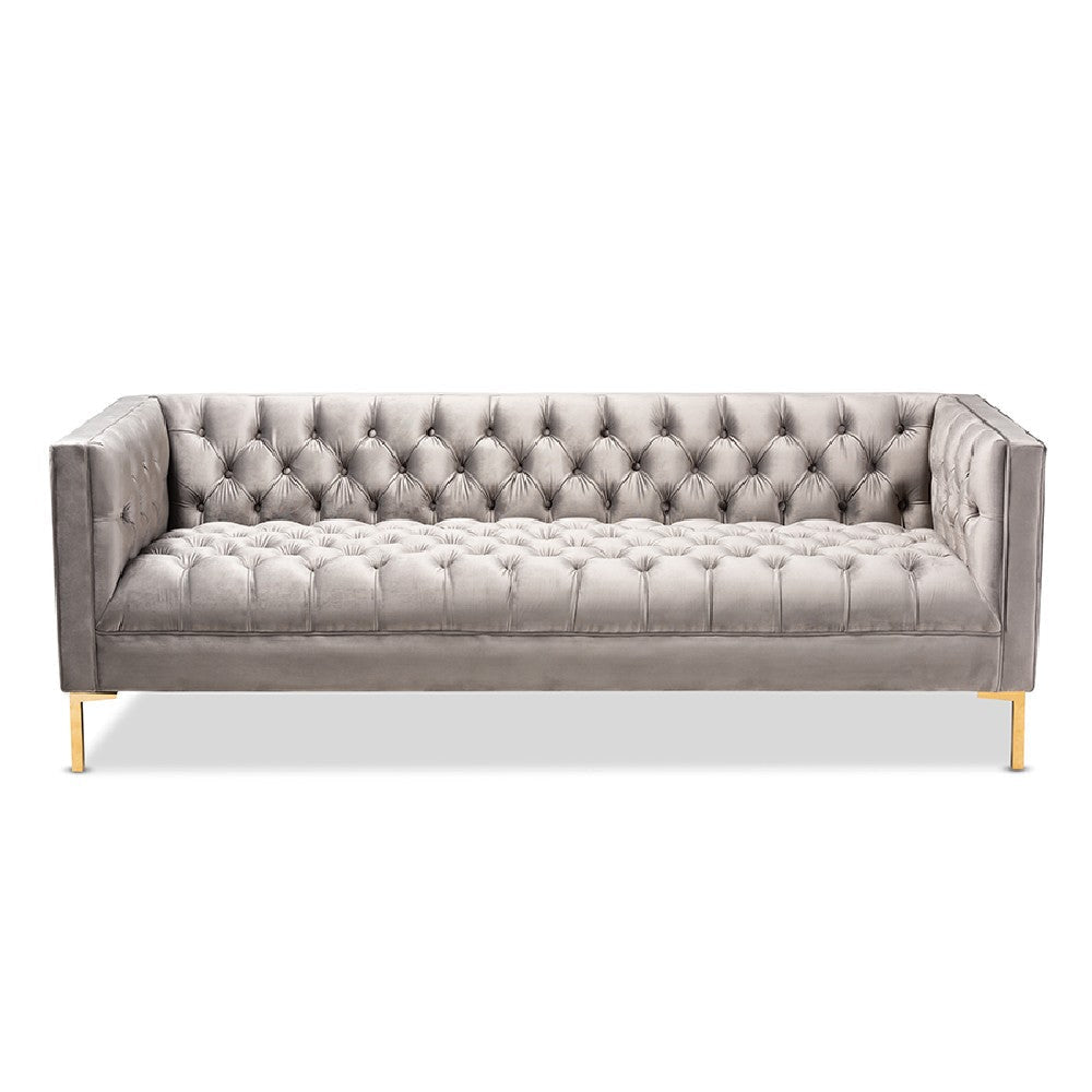 Baxton Studio Zanetta Glam and Luxe Gray Velvet Upholstered Gold Finished Sofa WHI-TSF-7723-Grey-Gold-SF