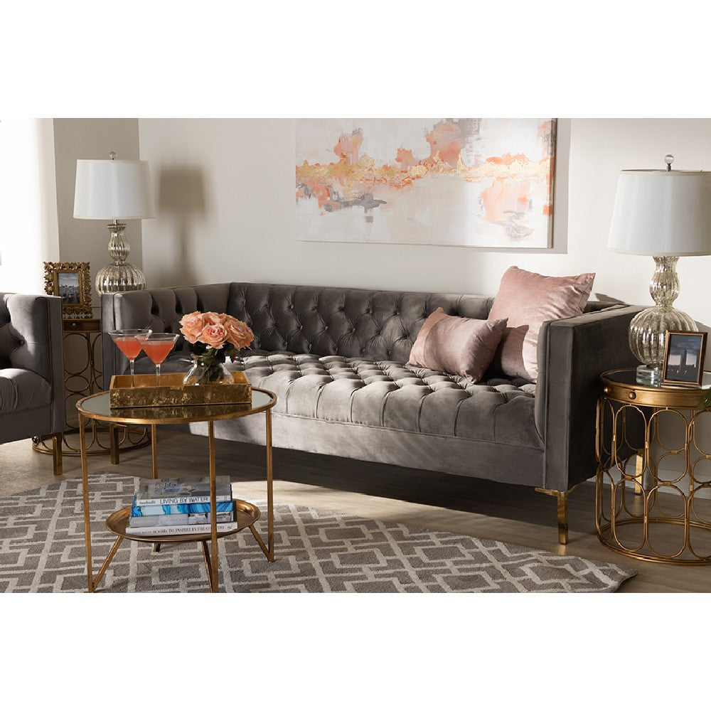 Baxton Studio Zanetta Glam and Luxe Gray Velvet Upholstered Gold Finished Sofa