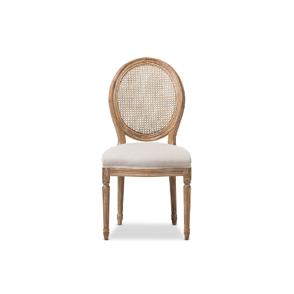 Baxton Studio Adelia French Vintage Cottage Weathered Oak Finish Wood and Beige Fabric Upholstered Dining Side Chair with Round Cane Back