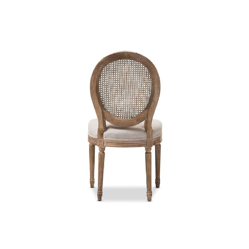 Baxton Studio Adelia French Vintage Cottage Weathered Oak Finish Wood and Beige Fabric Upholstered Dining Side Chair with Round Cane Back