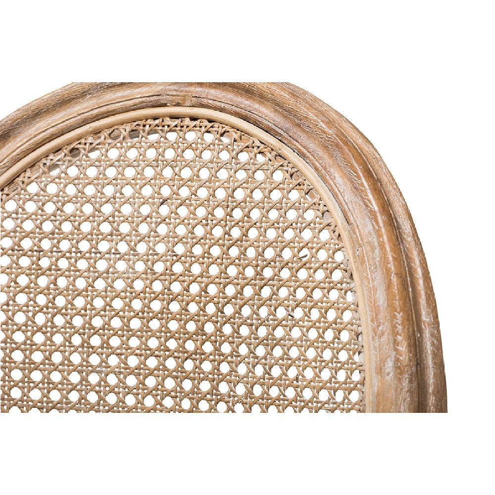 Baxton Studio Adelia French Vintage Cottage Weathered Oak Finish Wood and Beige Fabric Upholstered Dining Side Chair with Round Cane Back