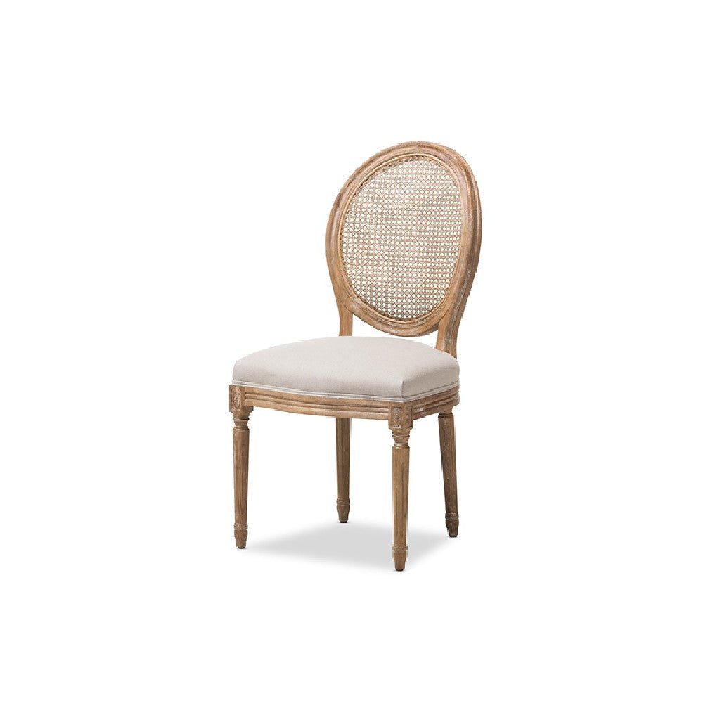 Baxton Studio Adelia French Vintage Cottage Weathered Oak Finish Wood and Beige Fabric Upholstered Dining Side Chair with Round Cane Back