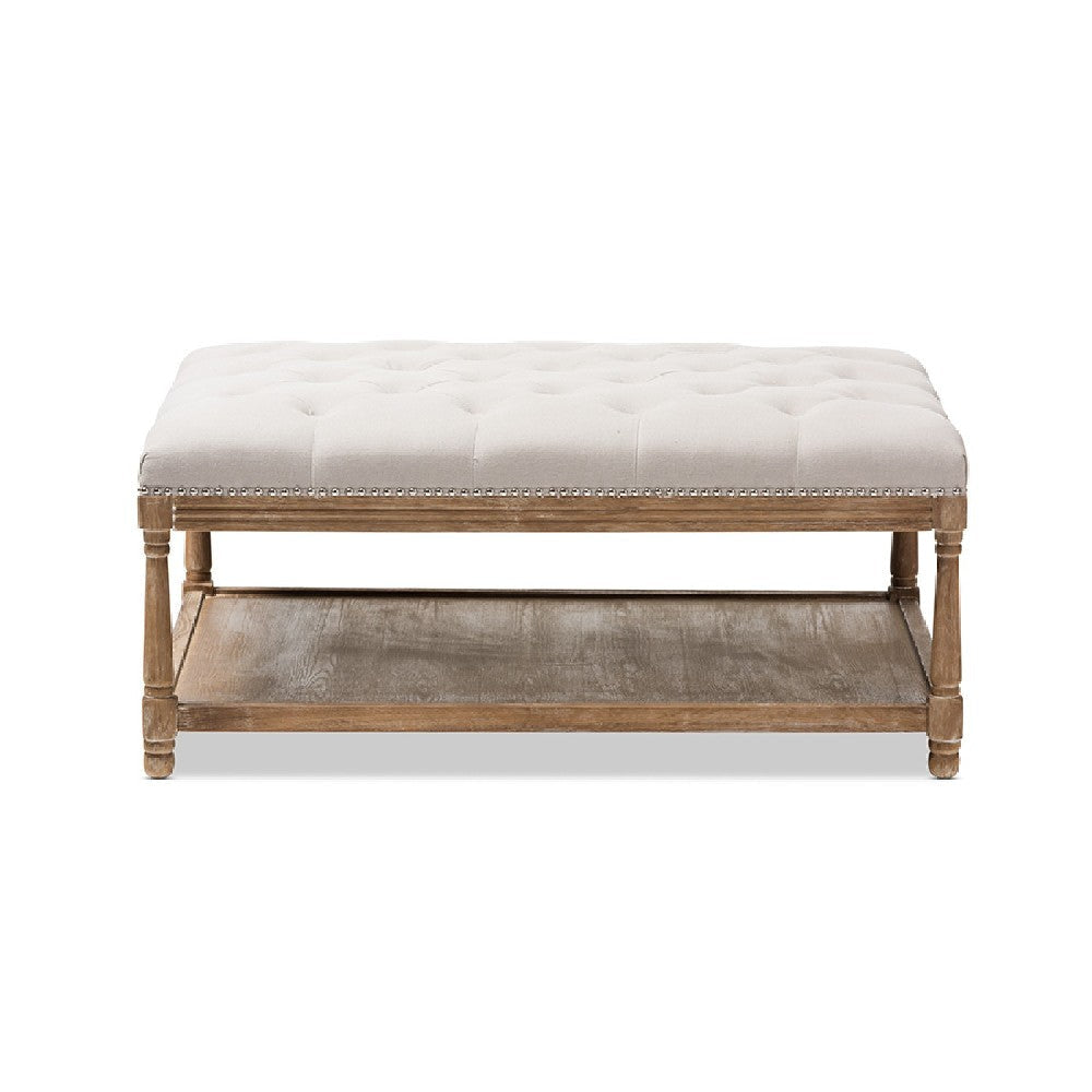 Baxton Studio Carlotta French Country Weathered Oak Beige Linen Rectangular Coffee Table Ottoman