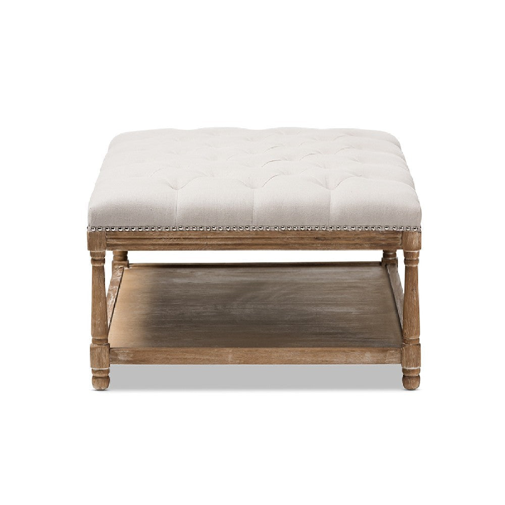 Baxton Studio Carlotta French Country Weathered Oak Beige Linen Rectangular Coffee Table Ottoman
