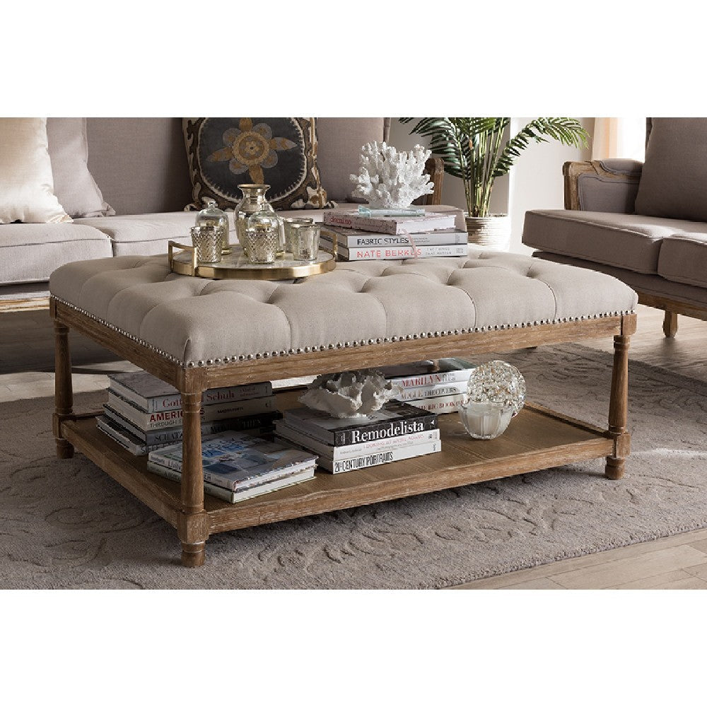 Baxton Studio Carlotta French Country Weathered Oak Beige Linen Rectangular Coffee Table Ottoman