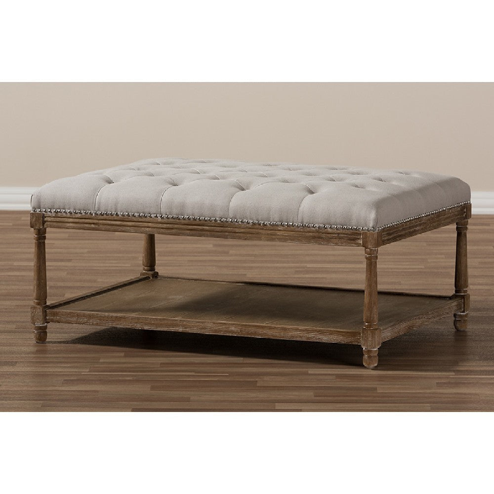 Baxton Studio Carlotta French Country Weathered Oak Beige Linen Rectangular Coffee Table Ottoman