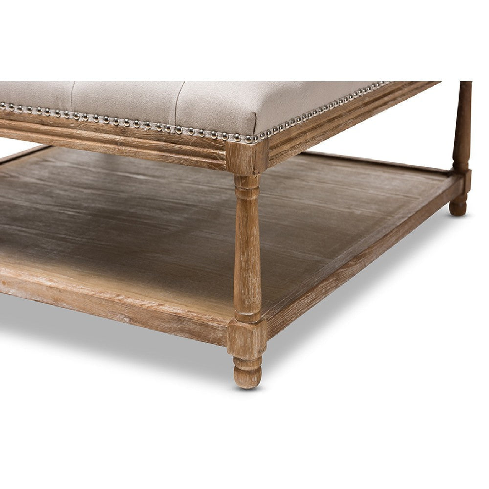 Baxton Studio Carlotta French Country Weathered Oak Beige Linen Square Coffee Table Ottoman