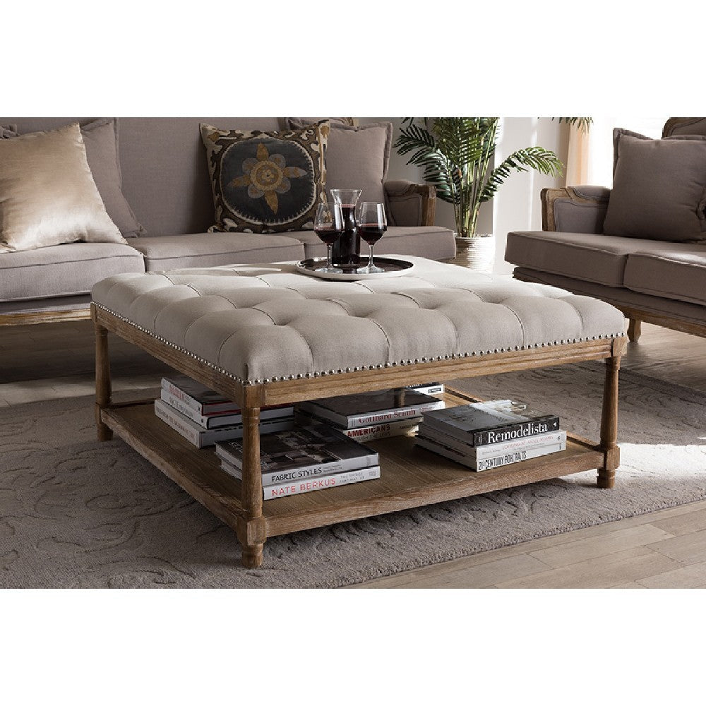 Baxton Studio Carlotta French Country Weathered Oak Beige Linen Square Coffee Table Ottoman
