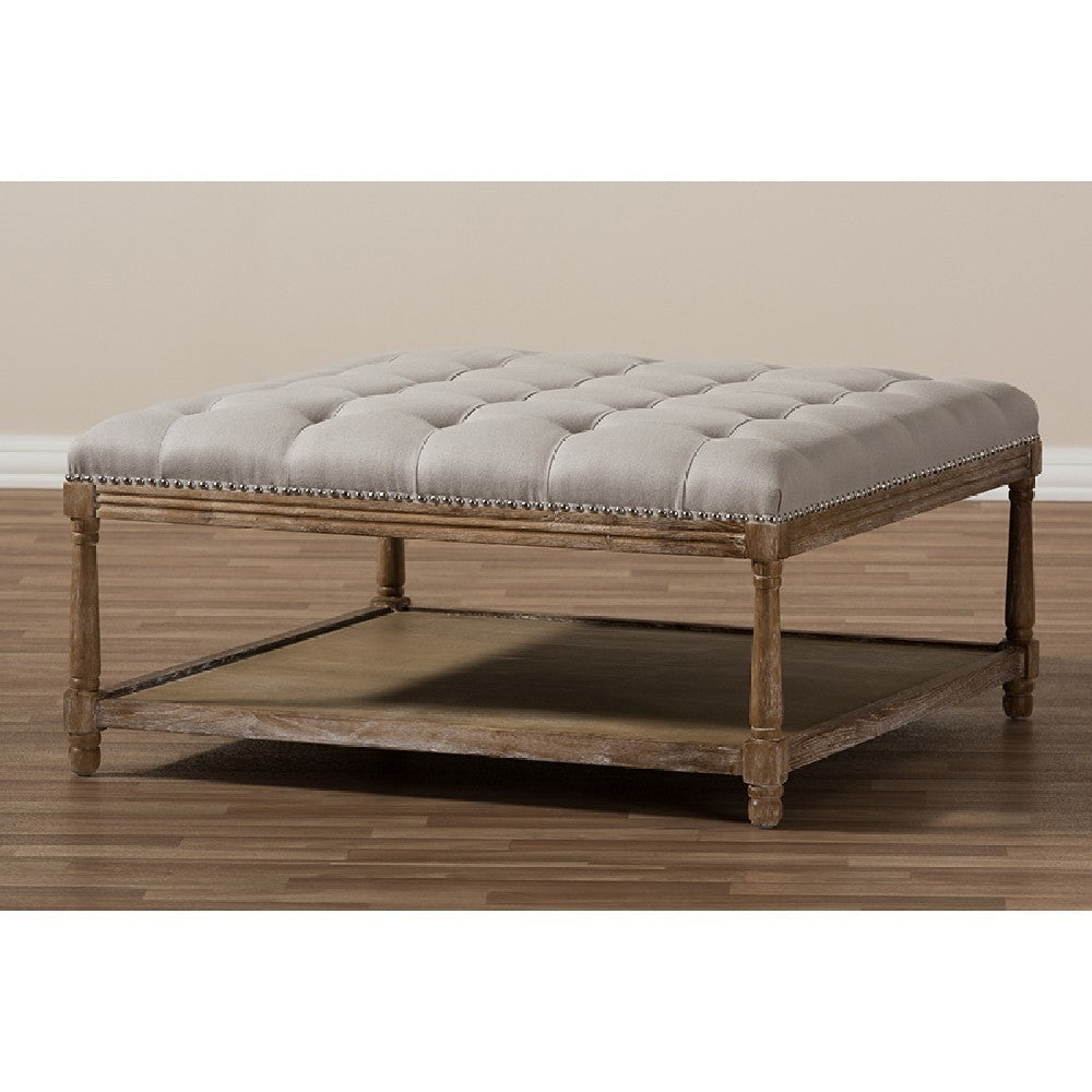Baxton Studio Carlotta French Country Weathered Oak Beige Linen Square Coffee Table Ottoman