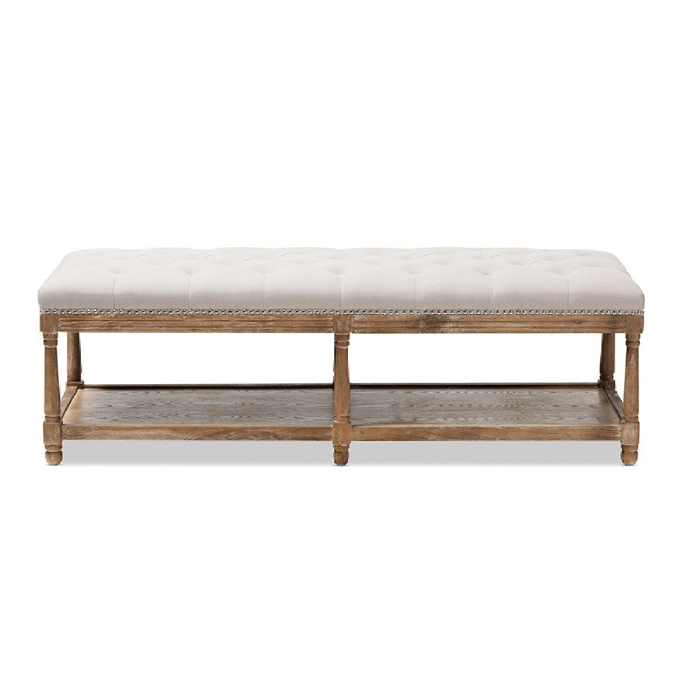 Baxton Studio Celeste French Country Weathered Oak Beige Linen Upholstered Ottoman Bench WHI-TSF-9336-Beige-Bench