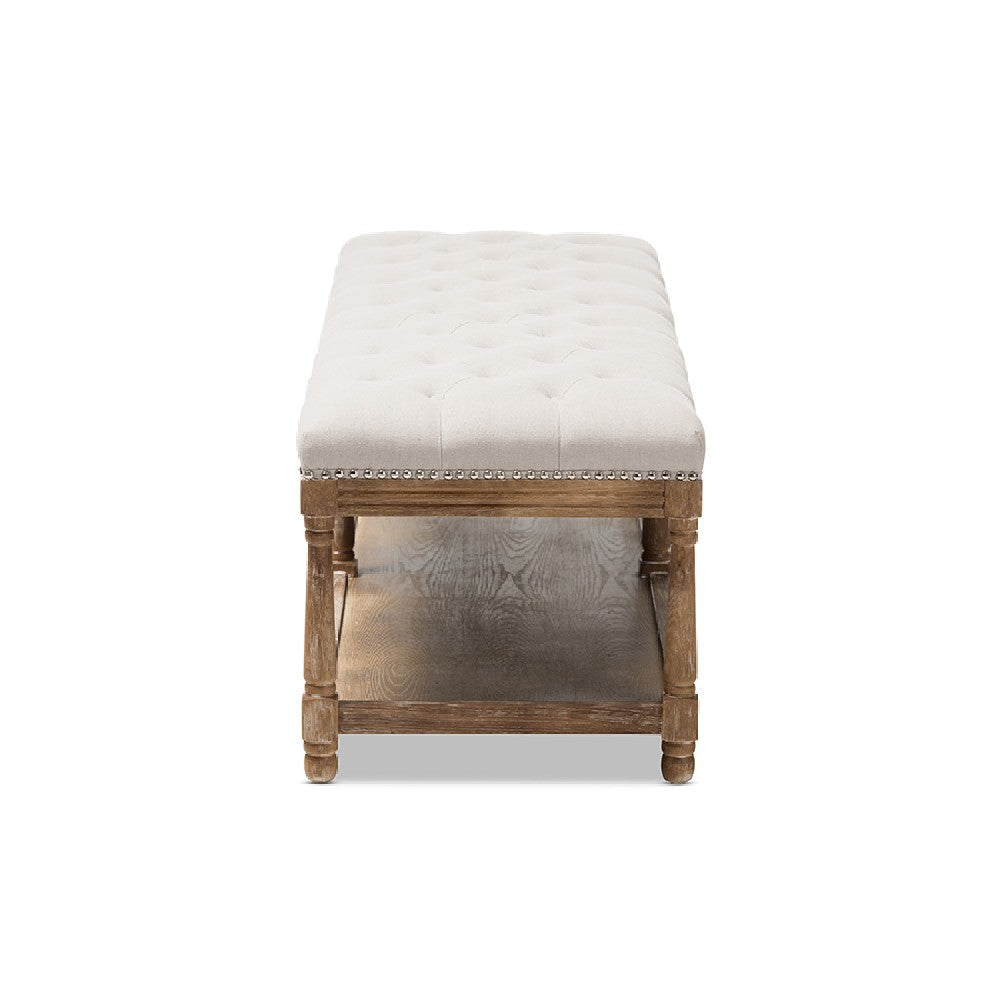 Baxton Studio Celeste French Country Weathered Oak Beige Linen Upholstered Ottoman Bench WHI-TSF-9336-Beige-Bench