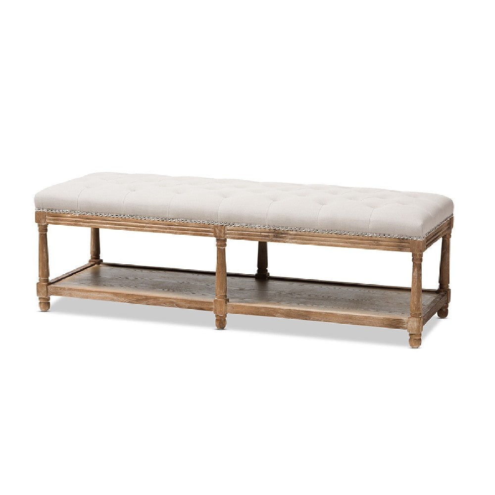 Baxton Studio Celeste French Country Weathered Oak Beige Linen Upholstered Ottoman Bench WHI-TSF-9336-Beige-Bench