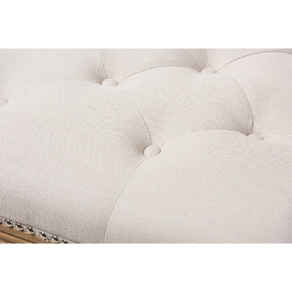 Baxton Studio Celeste French Country Weathered Oak Beige Linen Upholstered Ottoman Bench WHI-TSF-9336-Beige-Bench