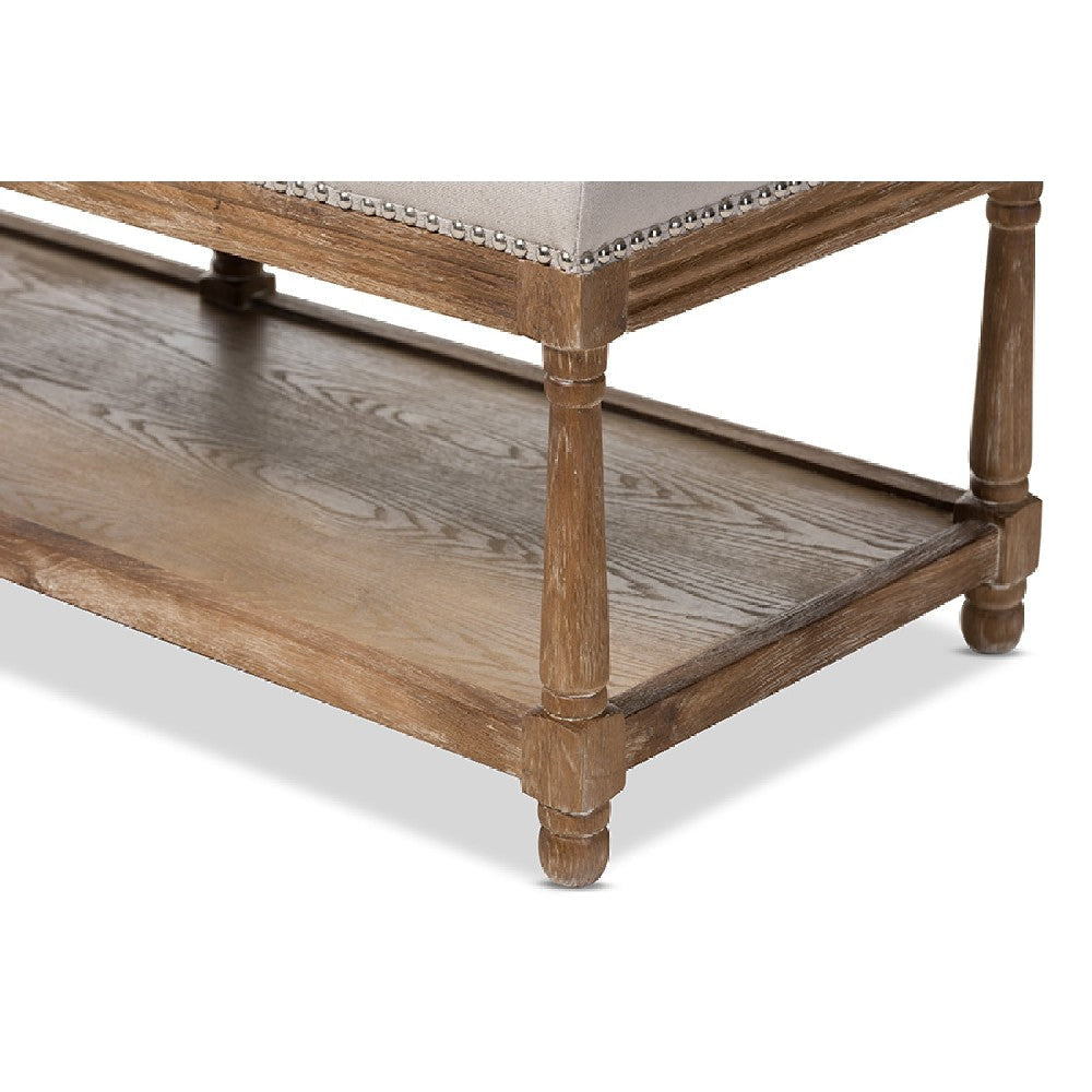 Baxton Studio Celeste French Country Weathered Oak Beige Linen Upholstered Ottoman Bench WHI-TSF-9336-Beige-Bench