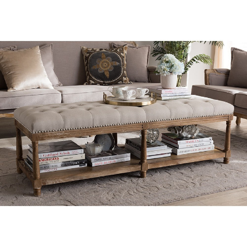 Baxton Studio Celeste French Country Weathered Oak Beige Linen Upholstered Ottoman Bench WHI-TSF-9336-Beige-Bench
