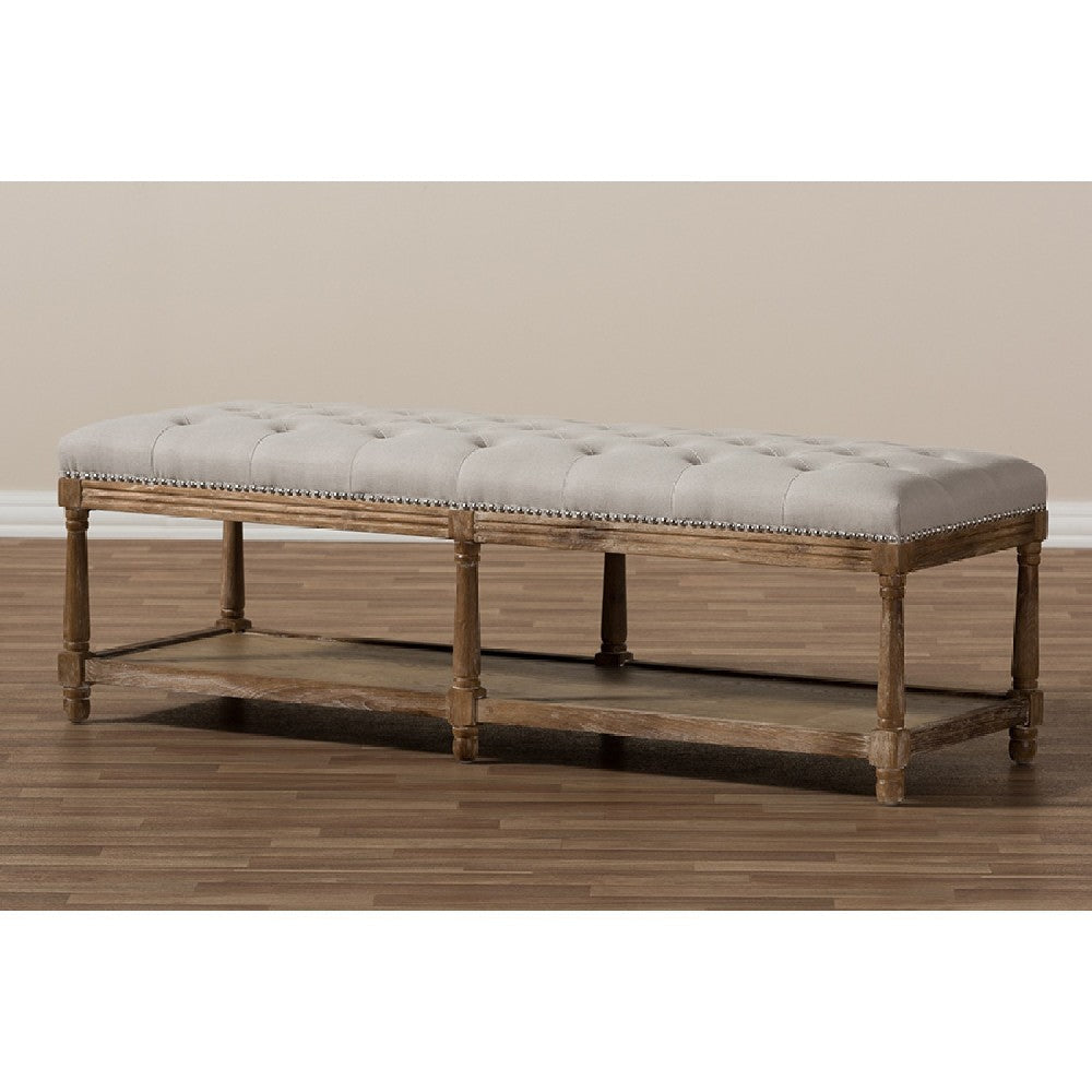 Baxton Studio Celeste French Country Weathered Oak Beige Linen Upholstered Ottoman Bench WHI-TSF-9336-Beige-Bench