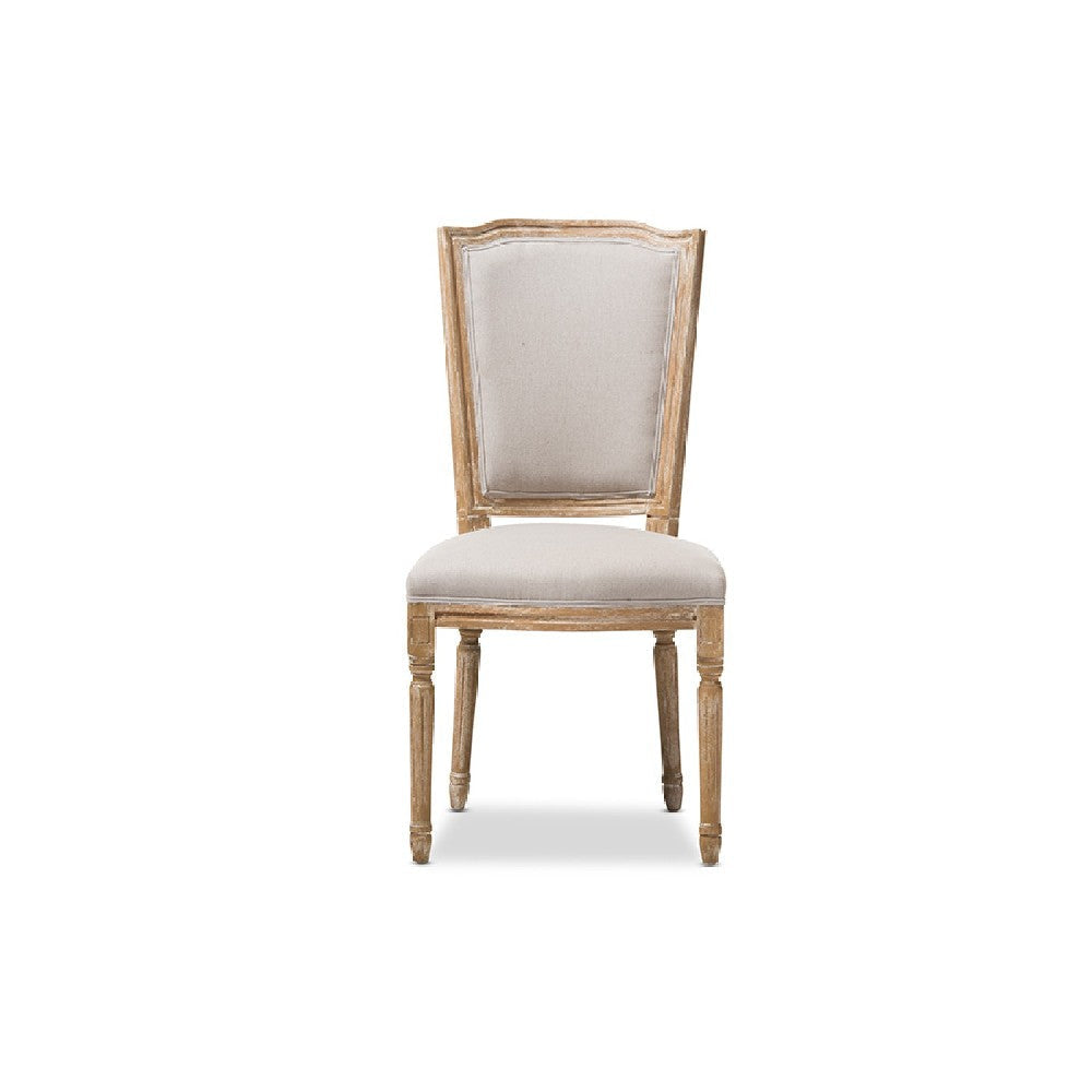 Baxton Studio Cadencia French Vintage Cottage Weathered Oak Finish Wood and Beige Fabric Upholstered Dining Side Chair
