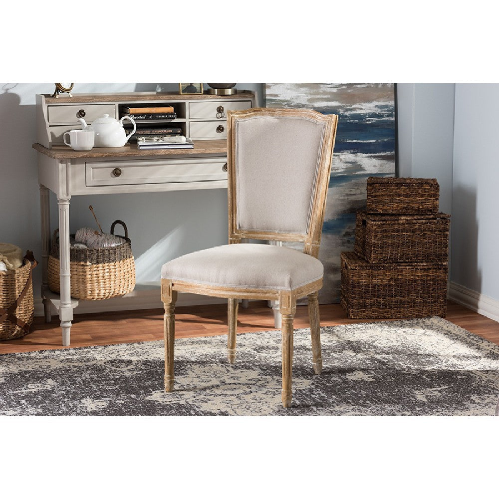 Baxton Studio Cadencia French Vintage Cottage Weathered Oak Finish Wood and Beige Fabric Upholstered Dining Side Chair
