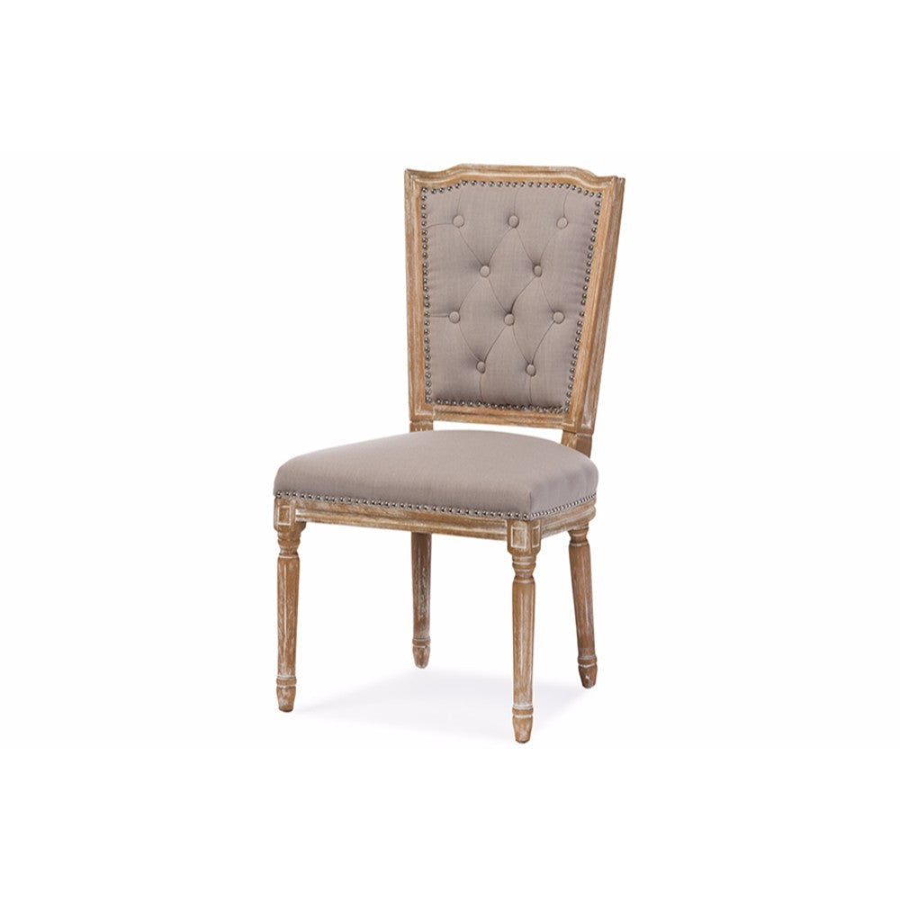 Baxton Studio Estelle Chic Rustic French Country Cottage Weathered Oak Beige Fabric Button-tufted Upholstered Dining Chair WHI-TSF-9341
