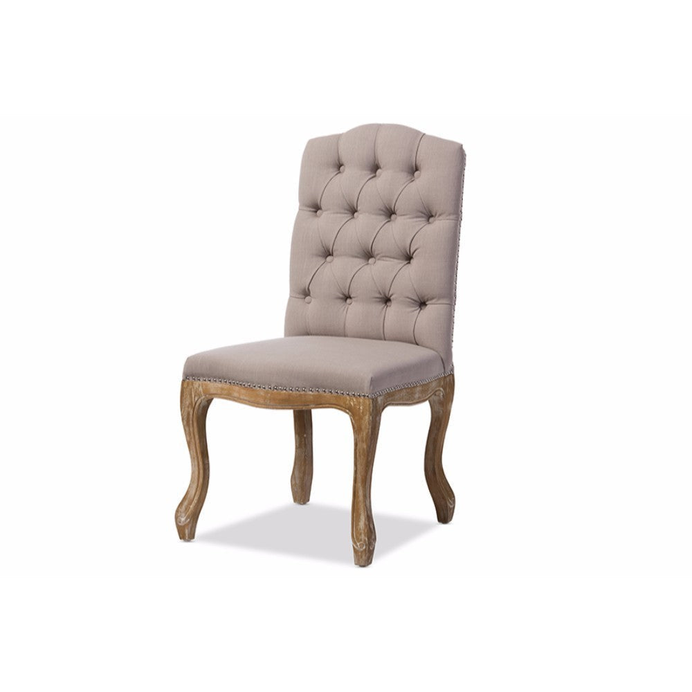 Baxton Studio Hudson Chic Rustic French Country Cottage Weathered Oak Beige Fabric Button-tufted Upholstered Dining Chair WHI-TSF-9342