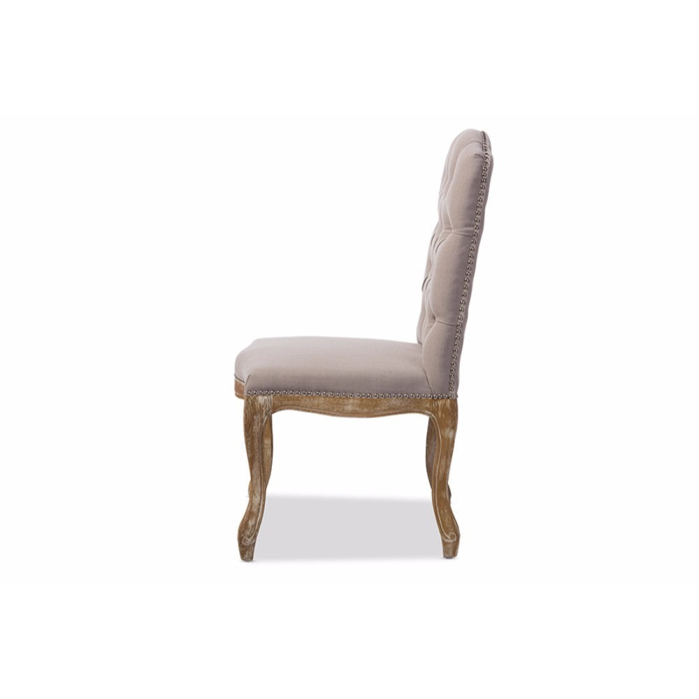 Baxton Studio Hudson Chic Rustic French Country Cottage Weathered Oak Beige Fabric Button-tufted Upholstered Dining Chair