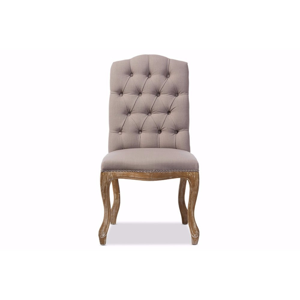Baxton Studio Hudson Chic Rustic French Country Cottage Weathered Oak Beige Fabric Button-tufted Upholstered Dining Chair WHI-TSF-9342