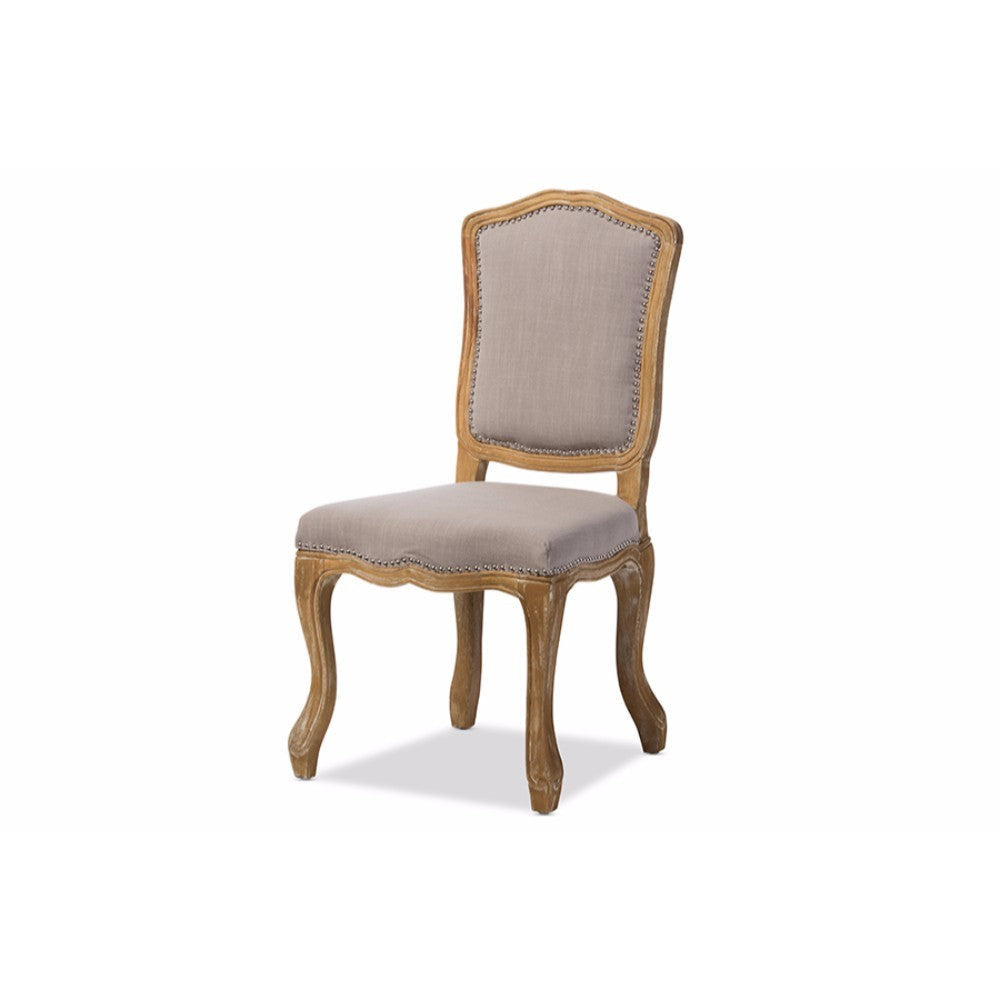 Baxton Studio Chateauneuf French Vintage Cottage Weathered Oak Beige Fabric Upholstered Dining Side Chair WHI-TSF-9345