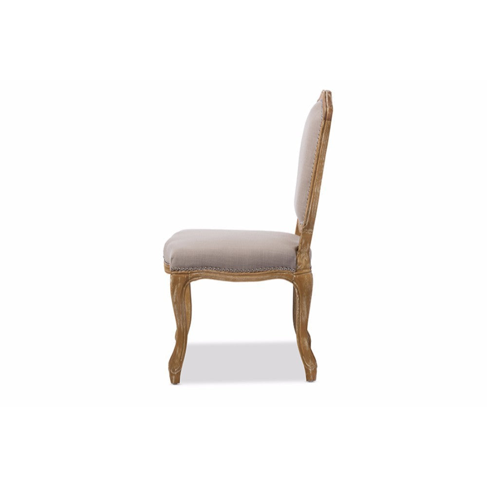 Baxton Studio Chateauneuf French Vintage Cottage Weathered Oak Beige Fabric Upholstered Dining Side Chair