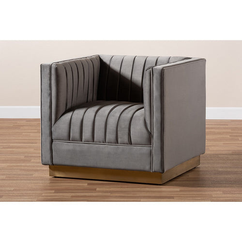 Baxton Studio Aveline Glam and Luxe Grey Velvet Fabric Upholstered Brushed Gold Finished Armchair