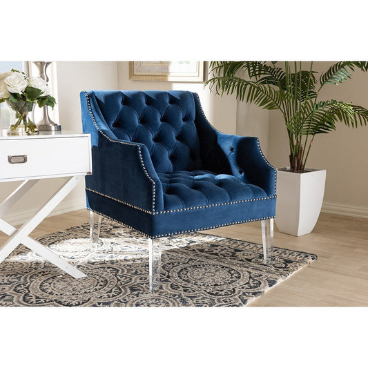 Baxton Studio Silvana Modern and Contemporary Navy Velvet Fabric Upholstered Lounge Chair with Acrylic Legs