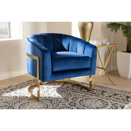 Baxton Studio Tomasso Glam Royal Blue Velvet Fabric Upholstered Gold-Finished Lounge Chair