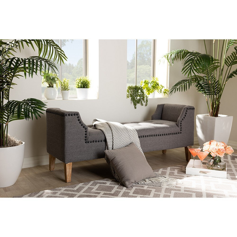 Baxton Studio Perret Modern and Contemporary Gray Linen Fabric Upholstered Oak Brown Finished Wood Bench